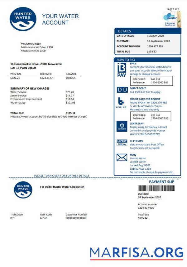 Realistic Australia Hunter Water utility bill real example